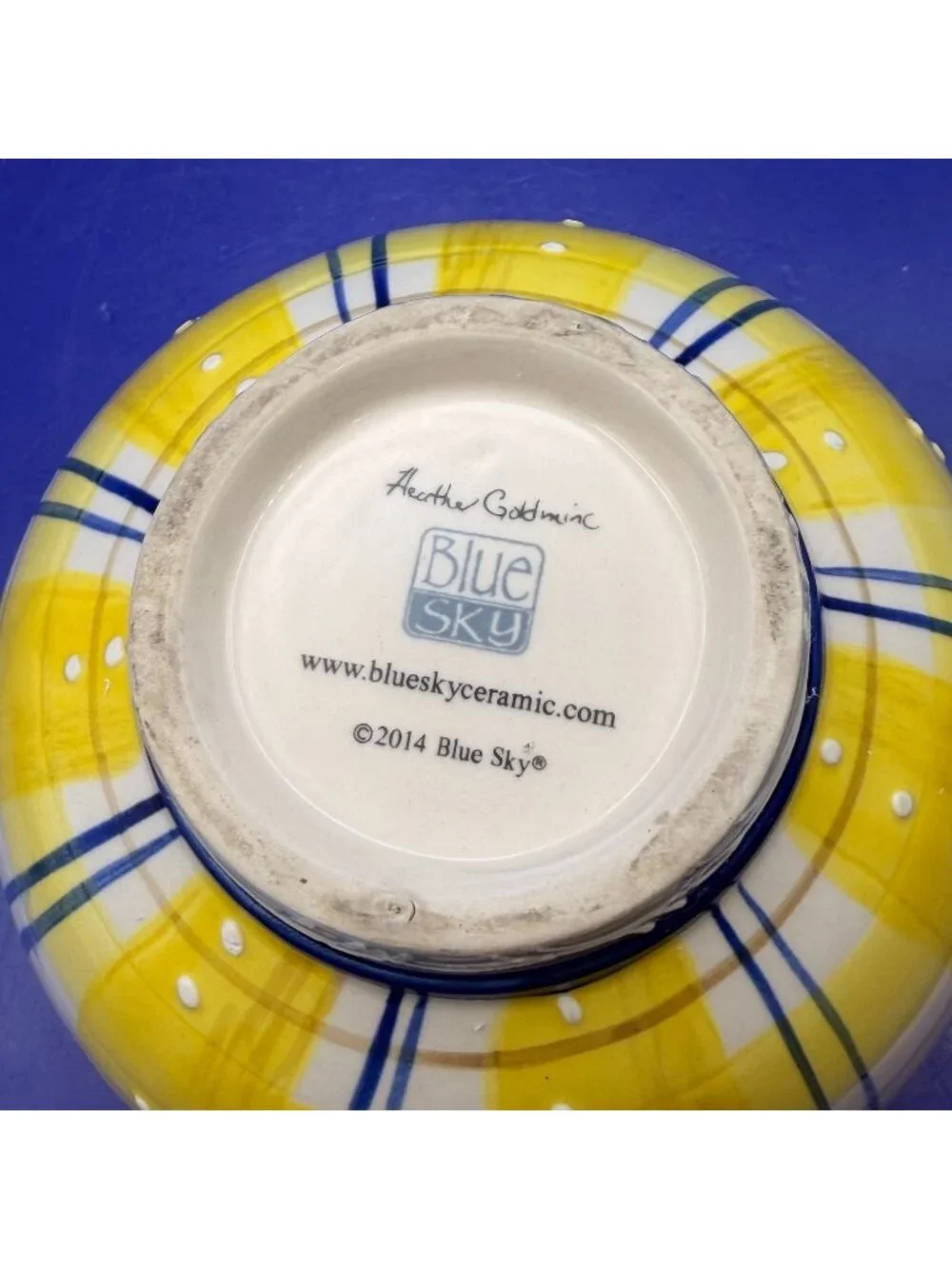 Blue Sky Clayworks Heather Goldminc Plaid Ceramic Bowl Yellow Blue Plaid 2014